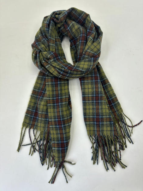 Olivgrön tartanscarf i ull med röda