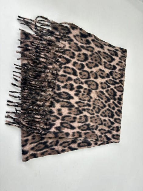Beige och brun leopardmönstrad mjuk scarf med tofsar