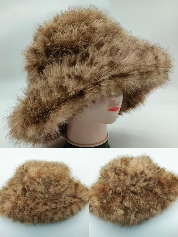 Brun konstpäls hatt med bred brätte och bucket-stil