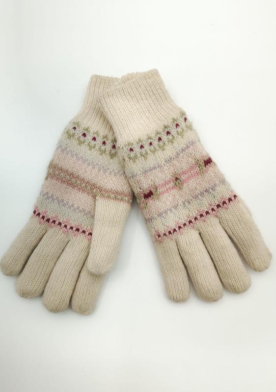 Kremfärgade stickade Fair Isle-handskar med rosa