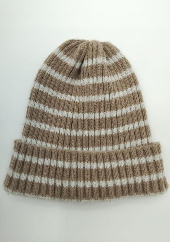 Beige och cremefärgad randig ribbstickad mössa med vikt kant