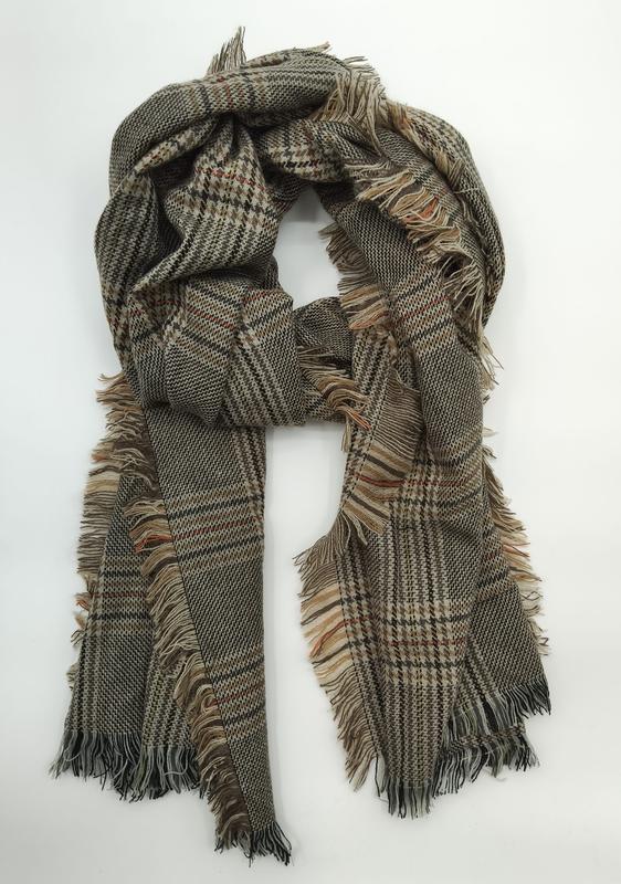 Olivgrön och beige rutig vävd scarf med franskanter