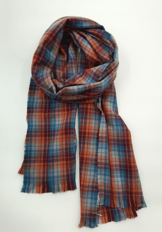  Teal & Burgundy Plaid Wool Blend Scarf with Fringe Edges