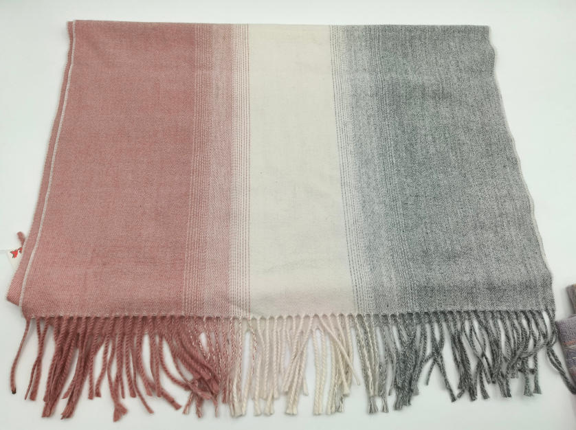  Cream & Grey Ombre Stripe Woven Scarf Wrap with Fringe
