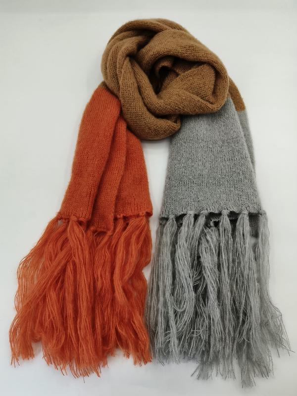  Grey & Camel Color Block Knit Scarf with Fringe Ends