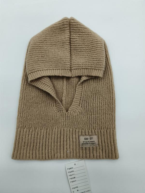 Beige ribbstickad balaclava med vikbar v-ringad krage