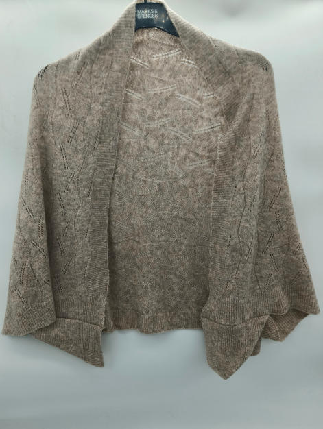 `Beige cardigan med öppen framsida och spetsmönster i finmaskigt stickad pointelle-struktur.`