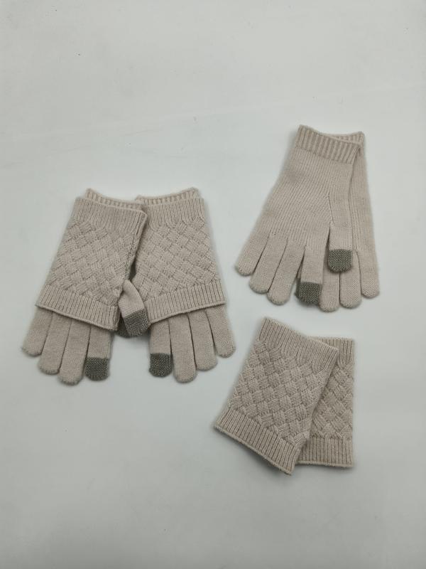 Beige stickad handskeset med flätmönster: fingervantar