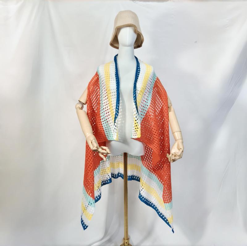 Grossist crocheted kimono cardigan med öppen front i multicolor ränder – korall