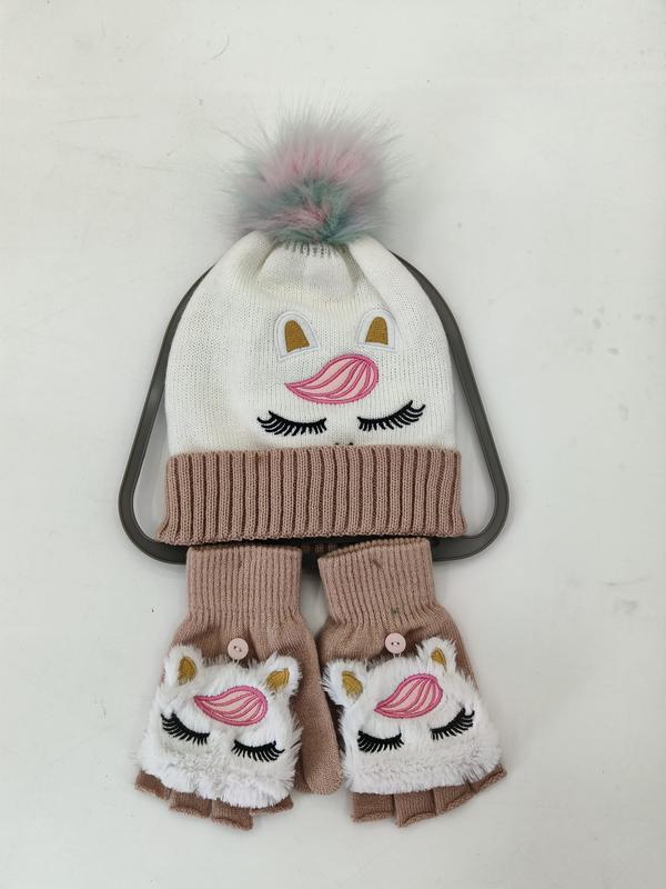 Vit stickad enhörningsbeanie med pastellpompon och matchande beige konvertibla fingervantar för flickor.