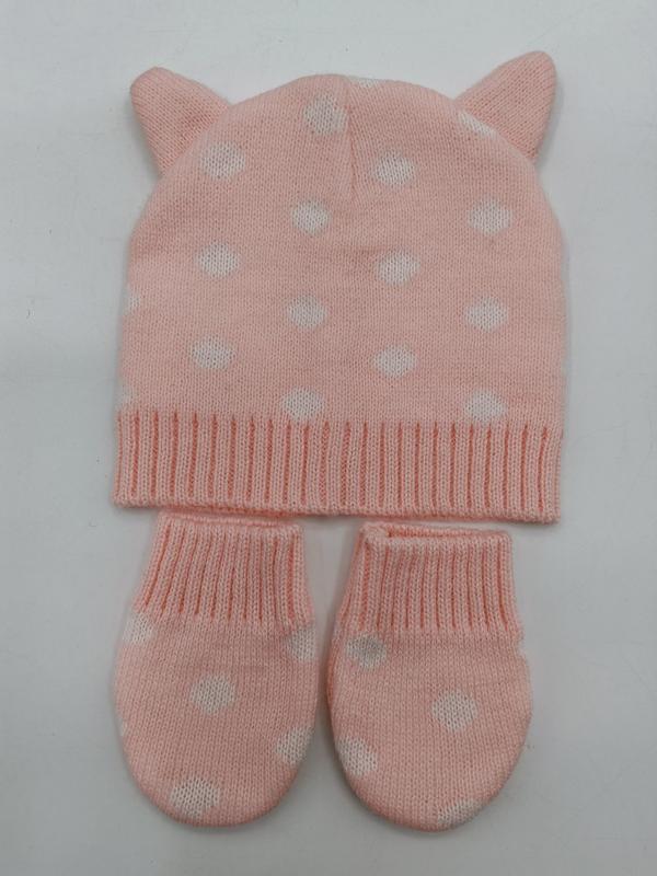 Rosa stickad babymössa med kattöron och hjärtmönster