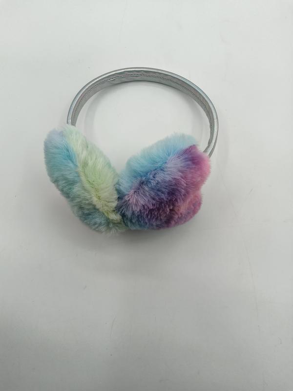 Fluffiga öronmuffar i regnbågsfärgat tie-dye konstpäls med silverfärgat metallhårband